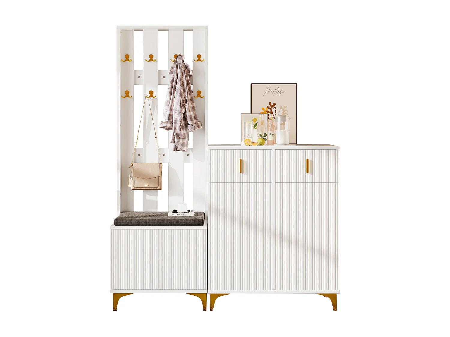 Garderobe combinée avec banc à chaussures et coussin, design moderne, panneau de particules, blanc, crochets dorés (60.5x180.5x35.2 cm)