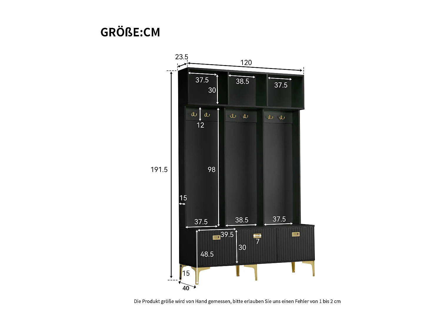 Ensemble de garde-robe avec banc, espace de rangement multifonctionnel, 6 crochets dorés et pieds métalliques, noir, (Dimensions : 120 x 40 x 191.5 cm)