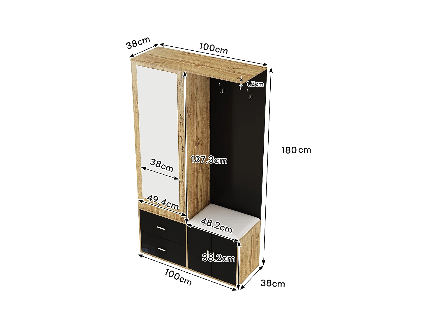 Armoire multifonctionnelle avec miroir, porte-chaussures et banc de rangement, noir et bois, (100x38x180 cm)