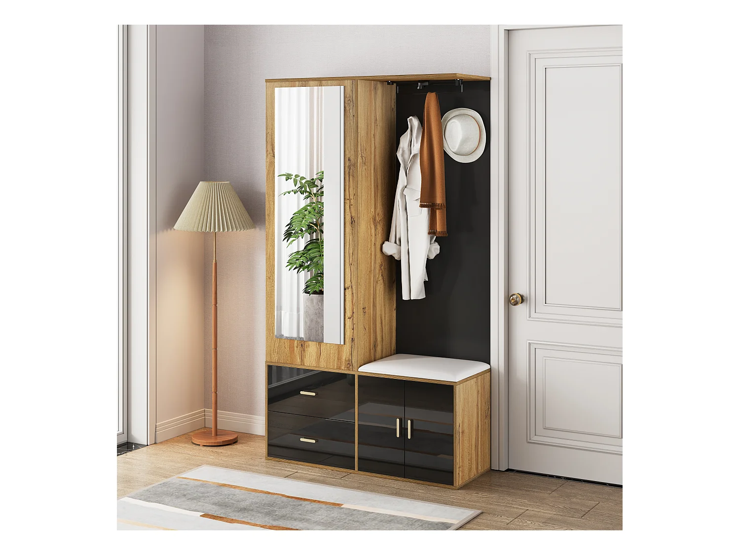 Armoire multifonctionnelle avec miroir, porte-chaussures et banc de rangement, noir et bois, (100x38x180 cm)