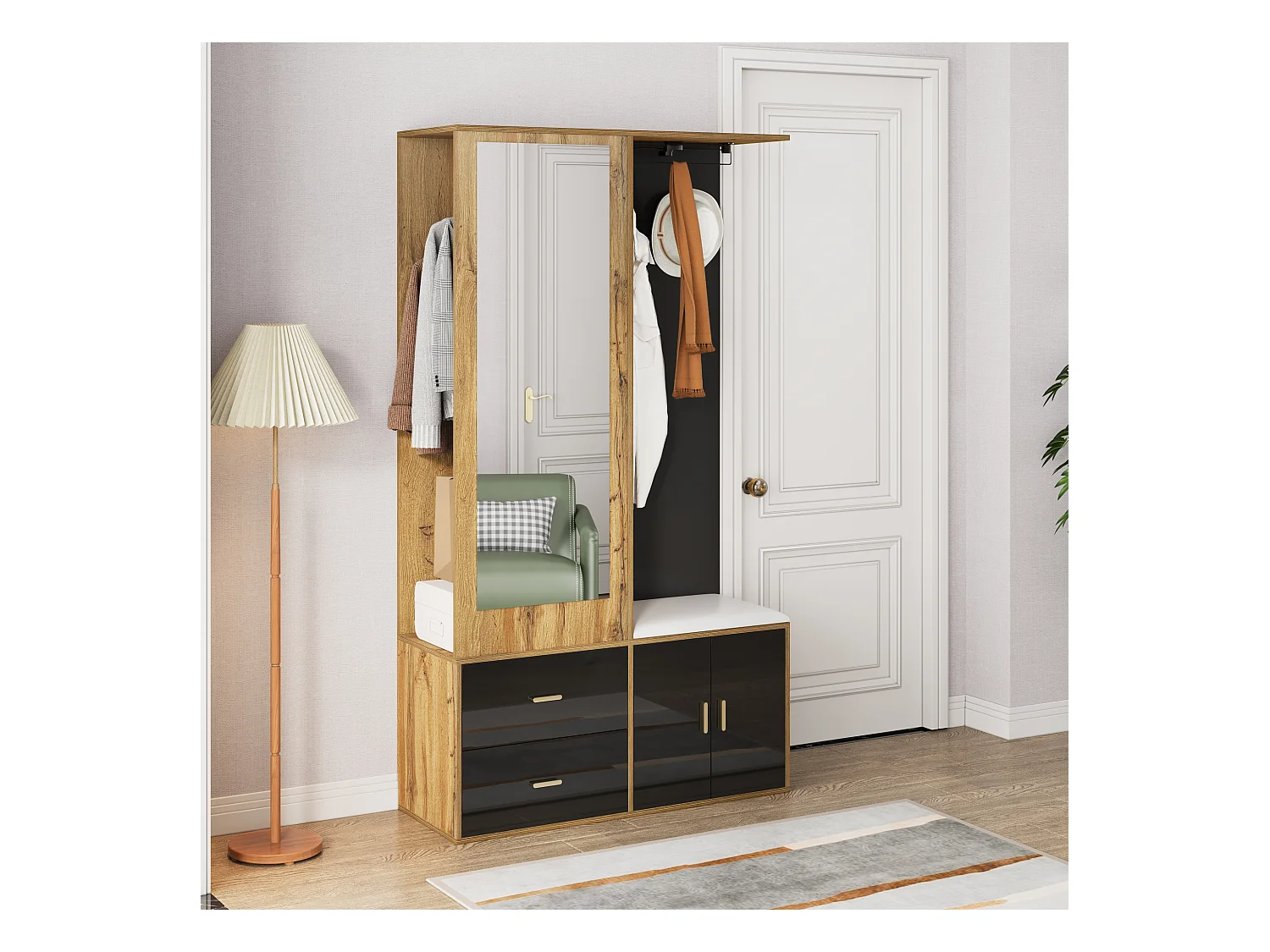 Armoire multifonctionnelle avec miroir, porte-chaussures et banc de rangement, noir et bois, (100x38x180 cm)