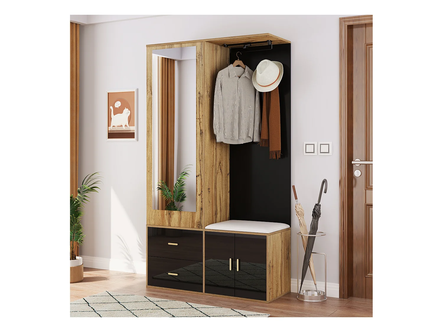 Armoire multifonctionnelle avec miroir, porte-chaussures et banc de rangement, noir et bois, (100x38x180 cm)