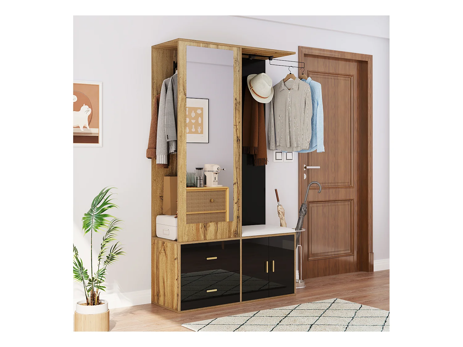 Armario multifunción con espejo, zapatero y banco de almacenaje, negro y madera, (100x38x180 cm)
