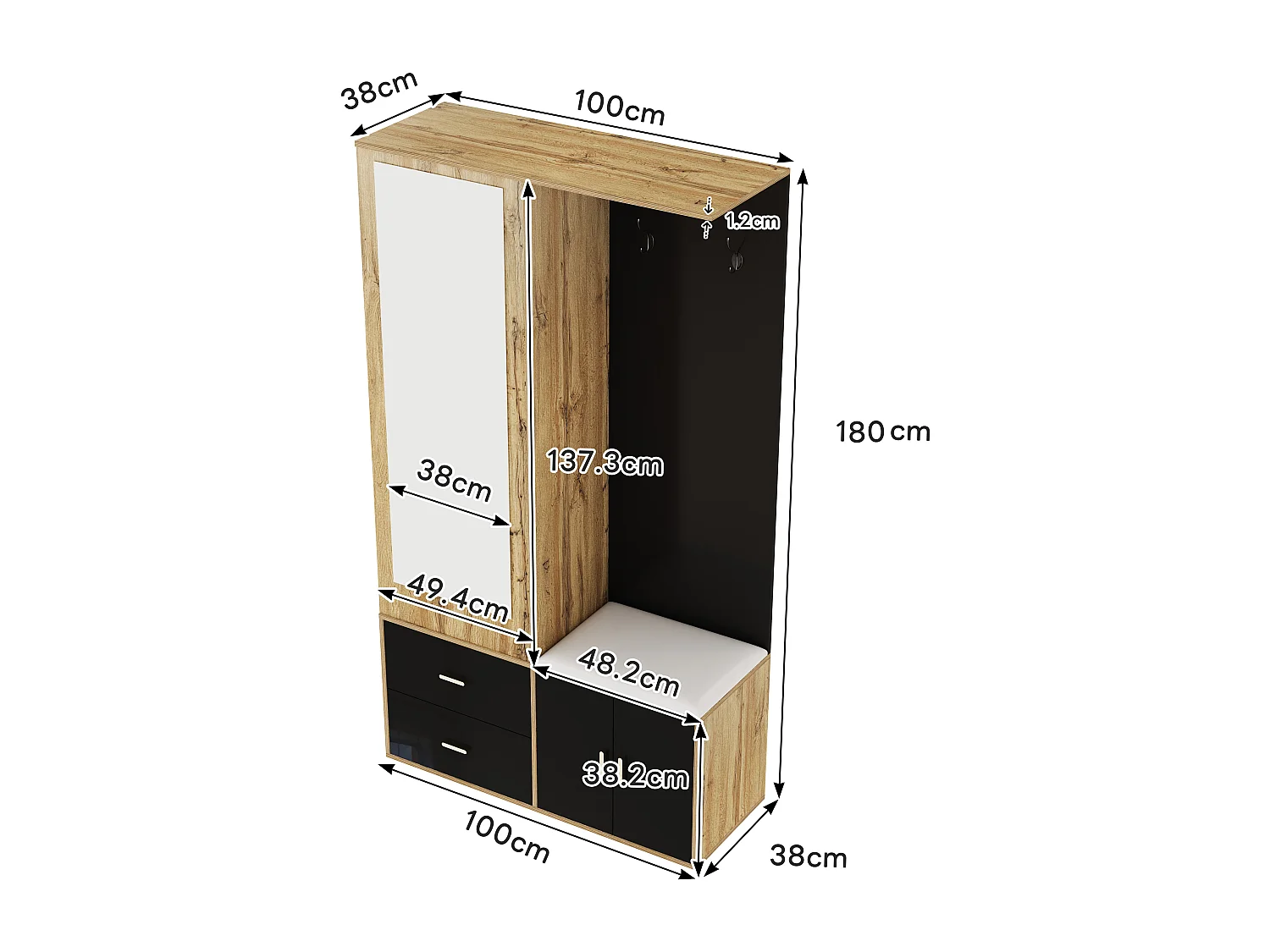Armoire multifonctionnelle avec miroir, porte-chaussures et banc de rangement, noir et bois, (100x38x180 cm)