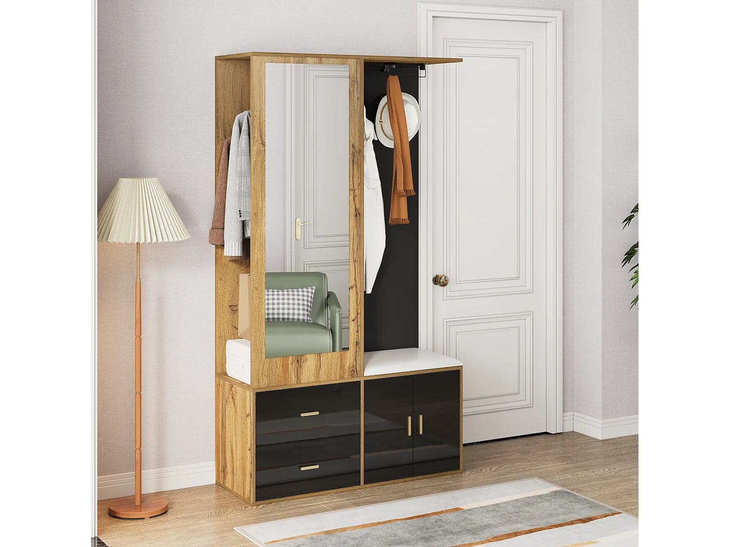 Armoire multifonctionnelle avec miroir, porte-chaussures et banc de rangement, noir et bois, (100x38x180 cm)
