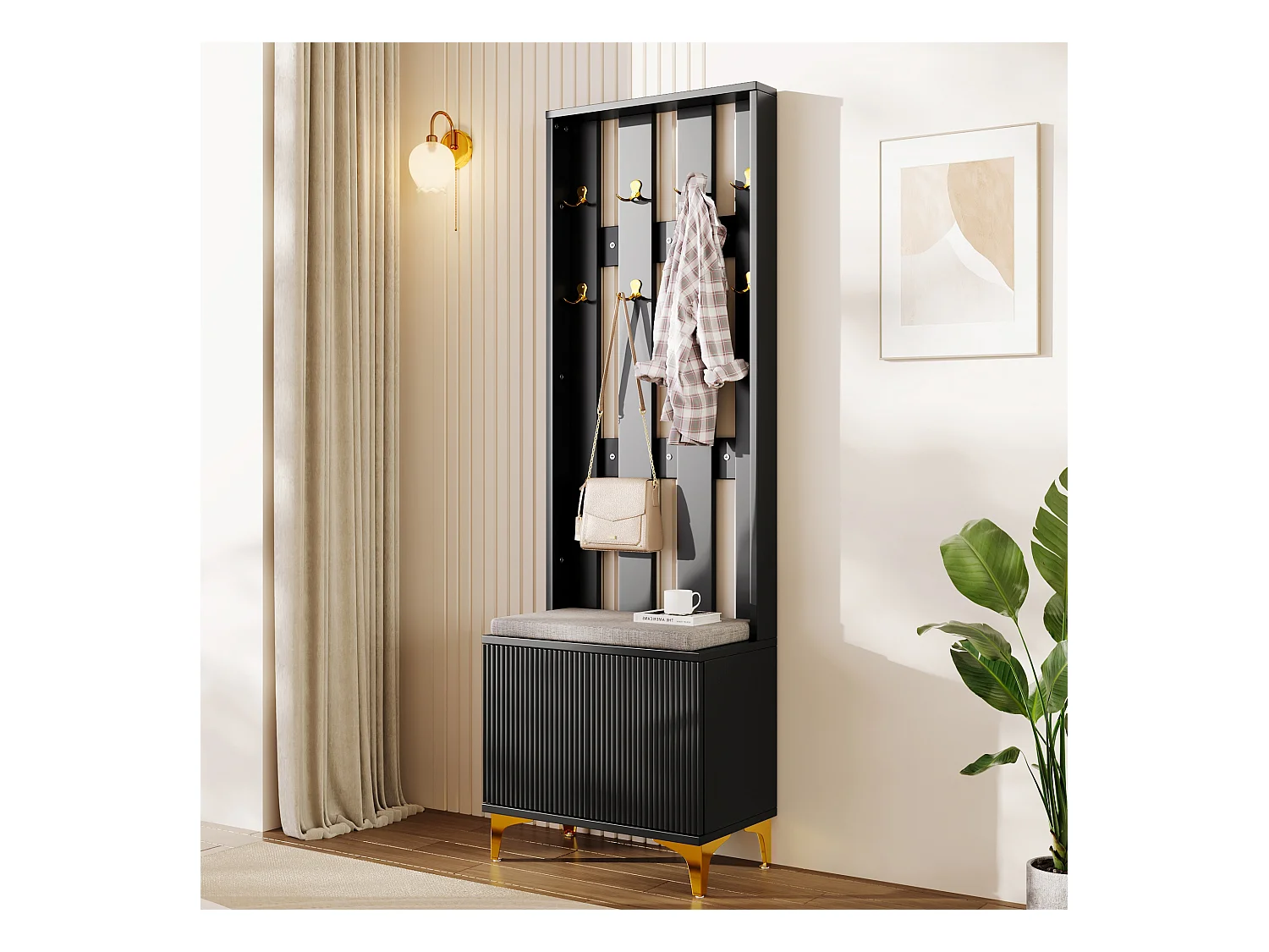 Ensemble de garde-robe avec miroir, étagère multifonction avec crochets et cintres, design noir et doré, (60.5x35.2x180.5 cm)