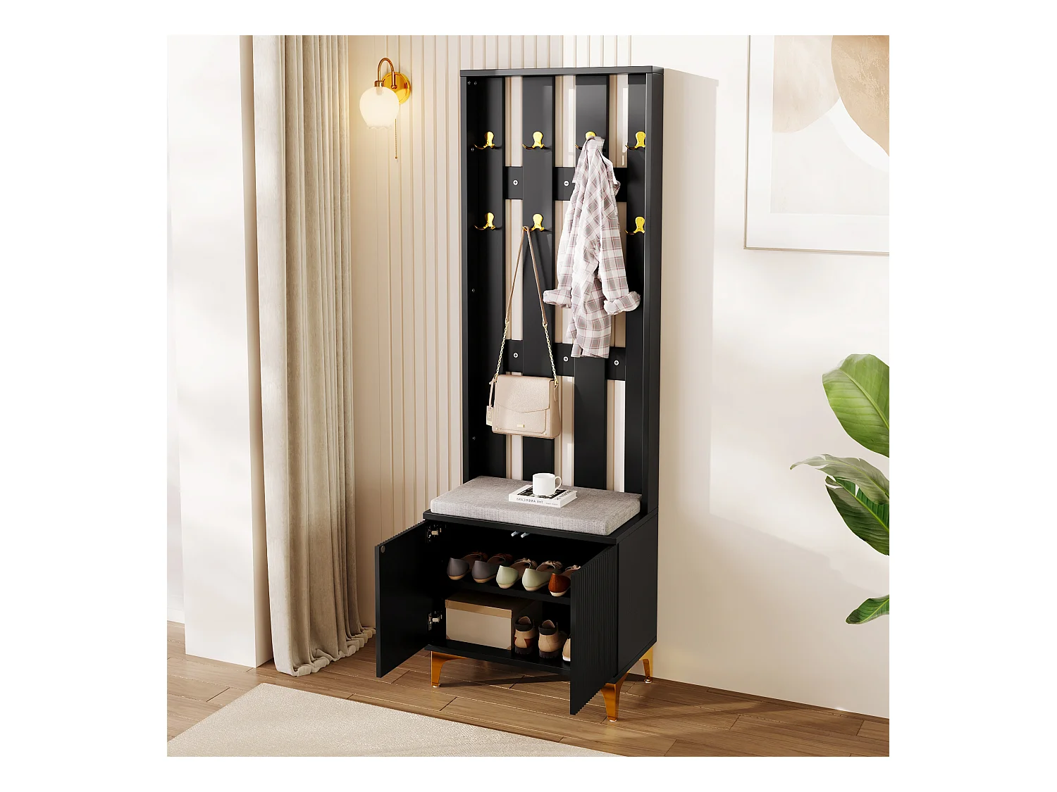 Ensemble de garde-robe avec miroir, étagère multifonction avec crochets et cintres, design noir et doré, (60.5x35.2x180.5 cm)