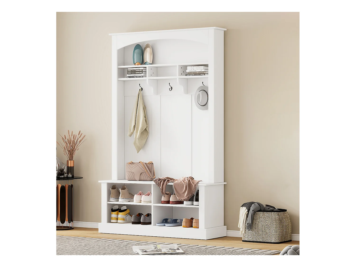 Kapstokset met bank en plank, 3 hanghaken, open planken, spaanplaat, wit, (H190 x B120 x D40 cm)