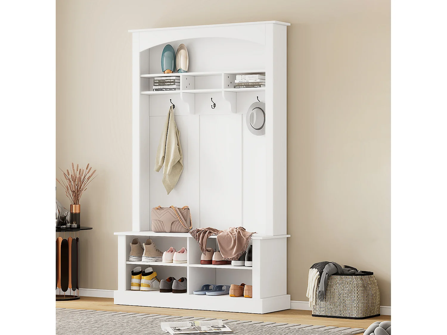 Kapstokset met bank en plank, 3 hanghaken, open planken, spaanplaat, wit, (H190 x B120 x D40 cm)