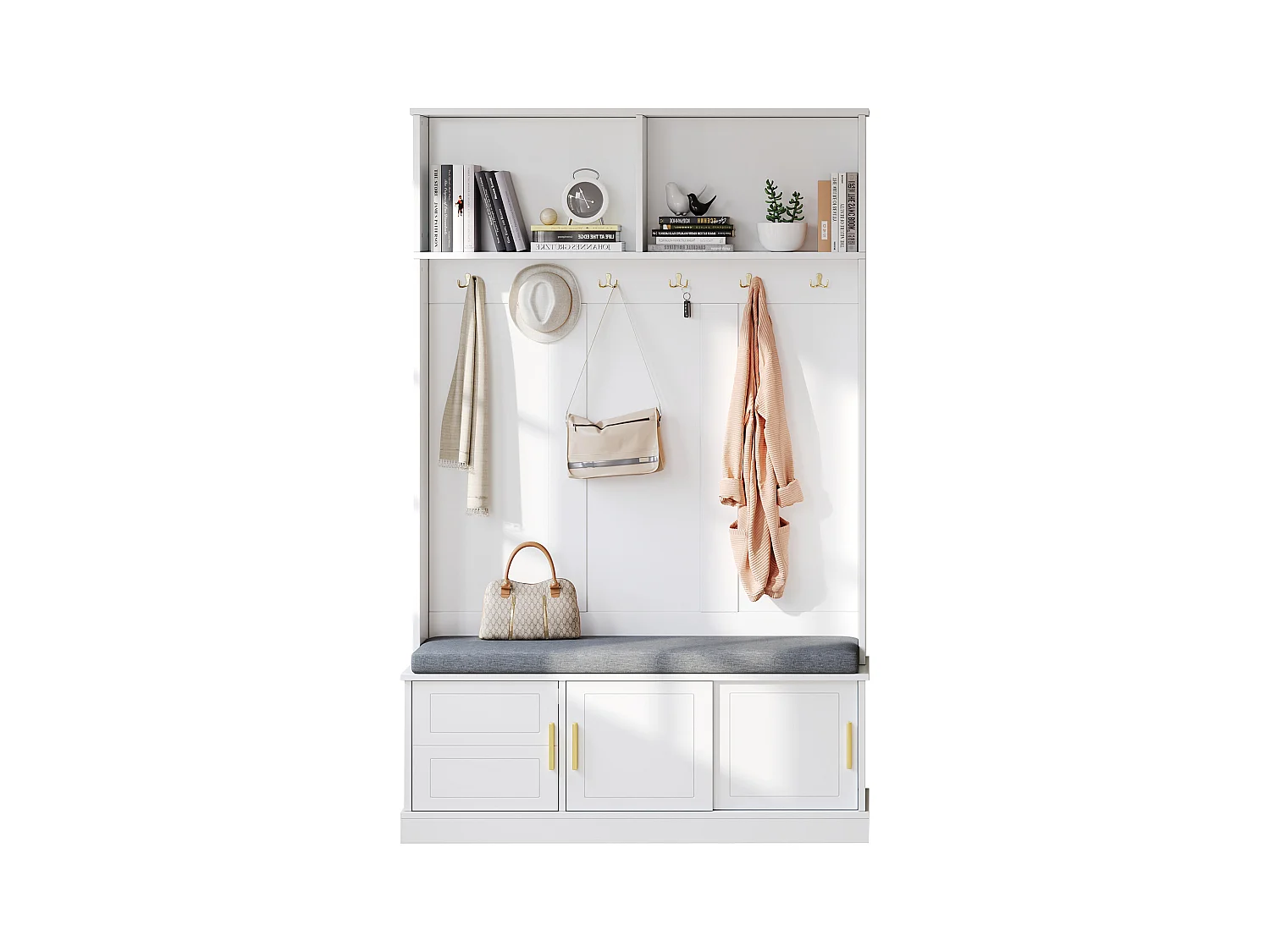 Porte-manteau avec banc à chaussures, 6 crochets triples, design moderne, bois aggloméré, blanc (120x40x191 cm)