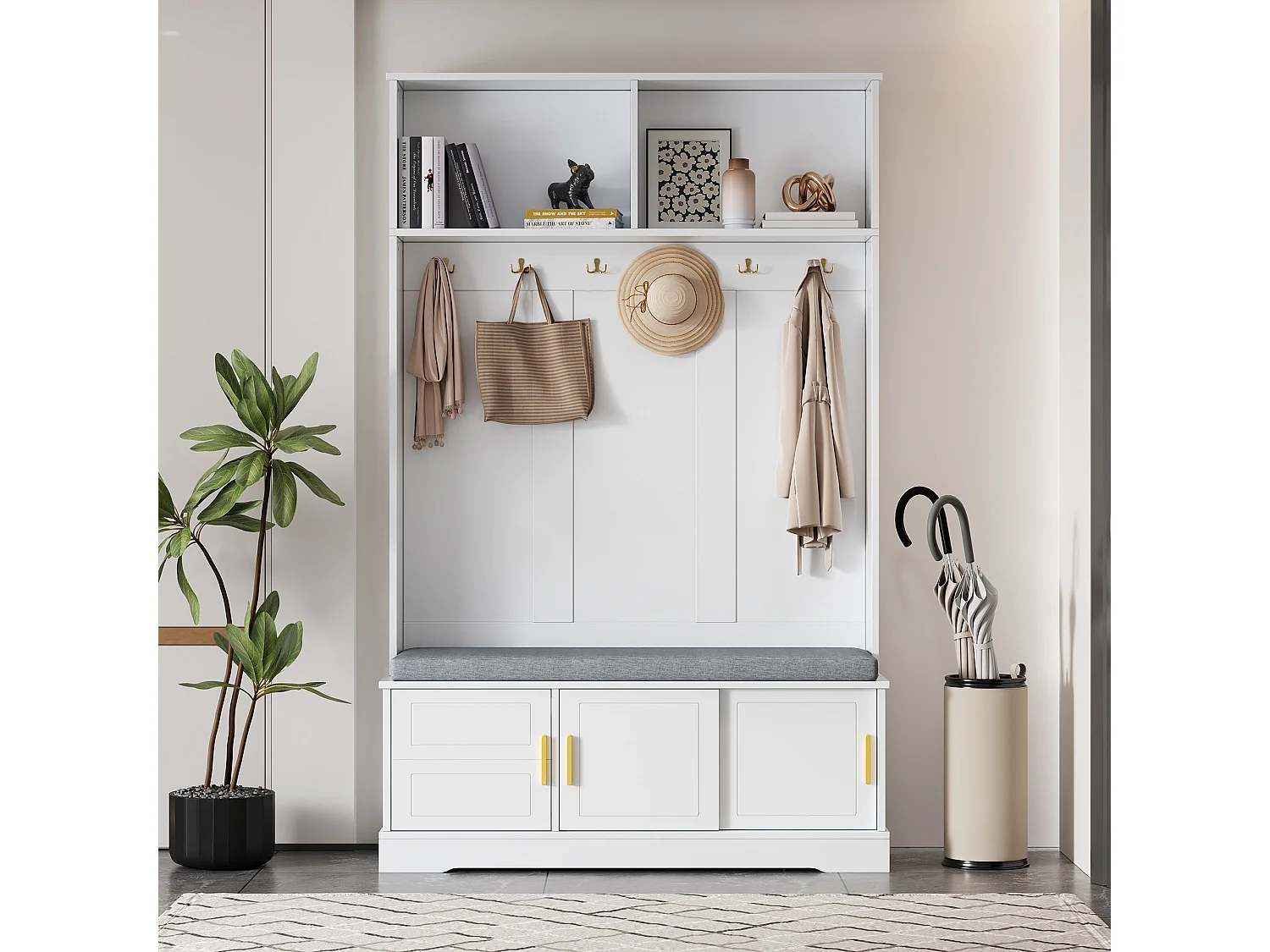 Appendiabiti con panca portascarpe, 6 ganci tripli, design moderno, truciolato, bianco (120x40x191 cm)