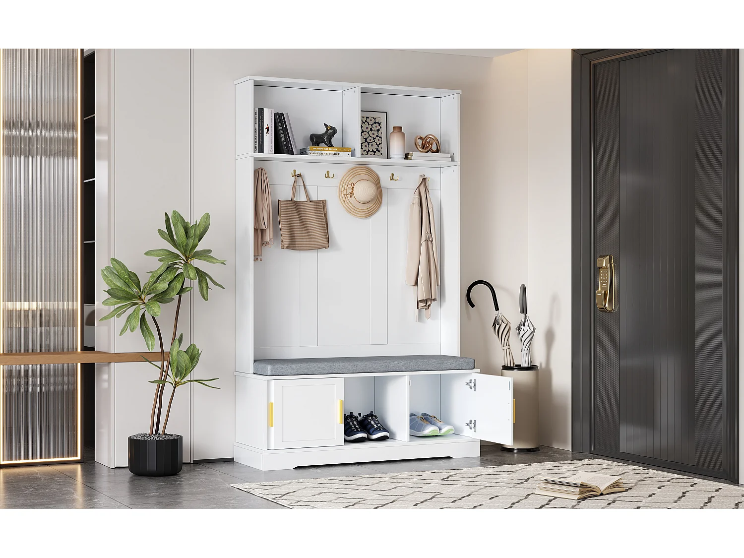 Appendiabiti con panca portascarpe, 6 ganci tripli, design moderno, truciolato, bianco (120x40x191 cm)