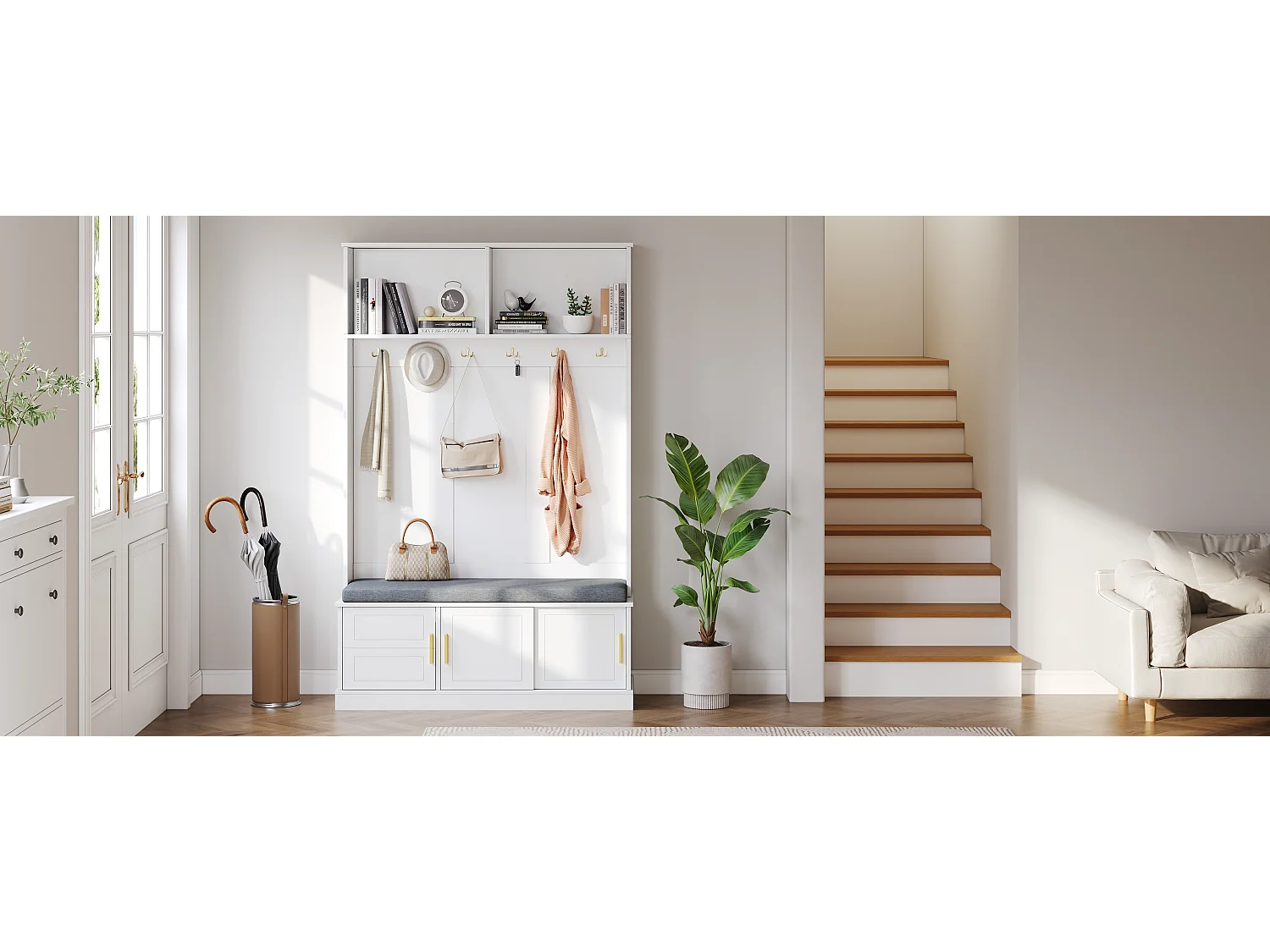 Appendiabiti con panca portascarpe, 6 ganci tripli, design moderno, truciolato, bianco (120x40x191 cm)