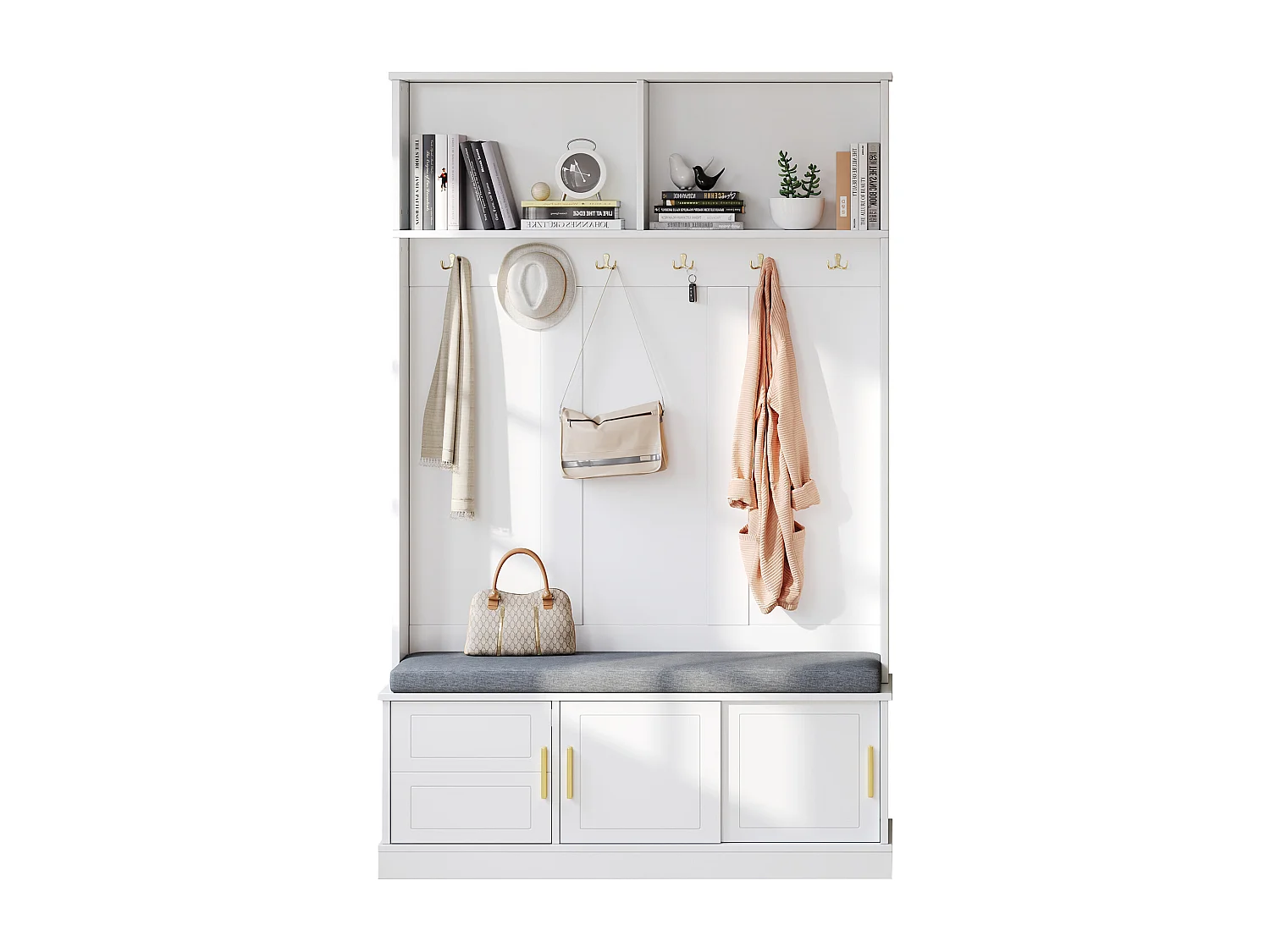 Appendiabiti con panca portascarpe, 6 ganci tripli, design moderno, truciolato, bianco (120x40x191 cm)