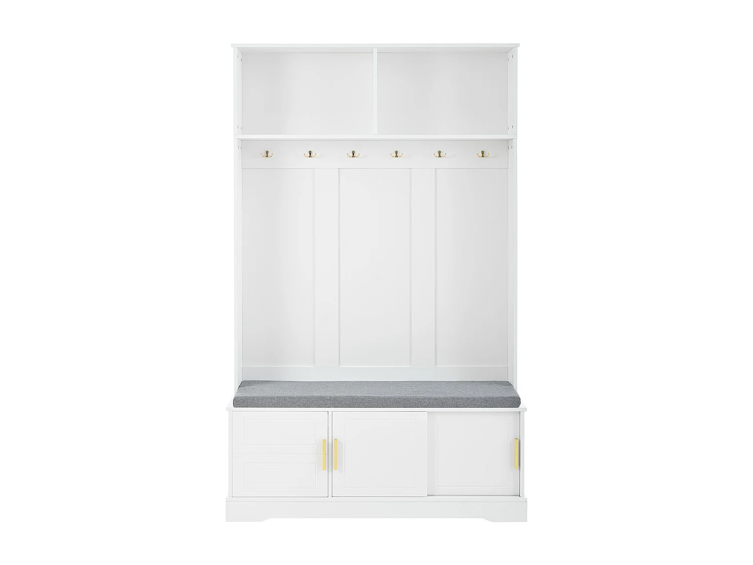 Appendiabiti con panca portascarpe, 6 ganci tripli, design moderno, truciolato, bianco (120x40x191 cm)