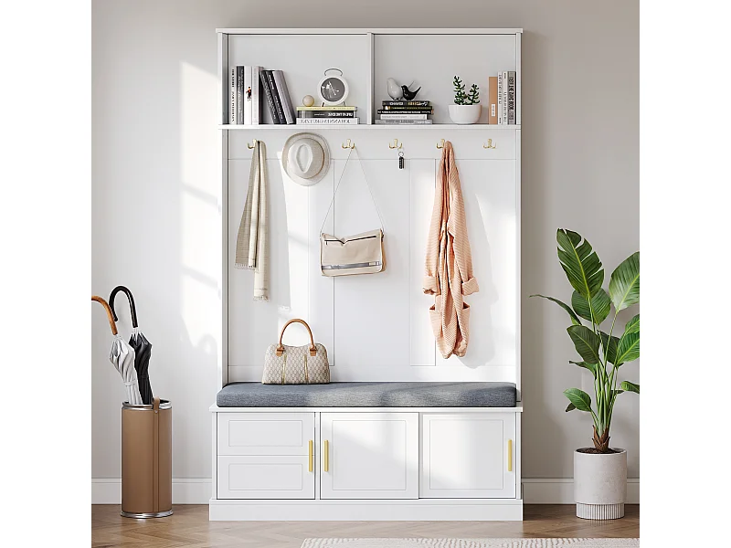 Kapstok met schoenenbank, 6 drievoudige haken, modern design, spaanplaat, wit (120x40x191 cm)