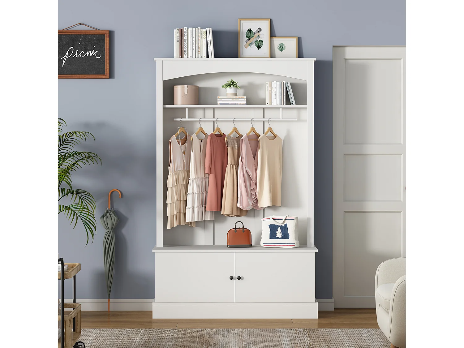 Armoire d'entrée multifonction blanche avec banc, panneau de particules, rangements ajustables (120x40x190cm)