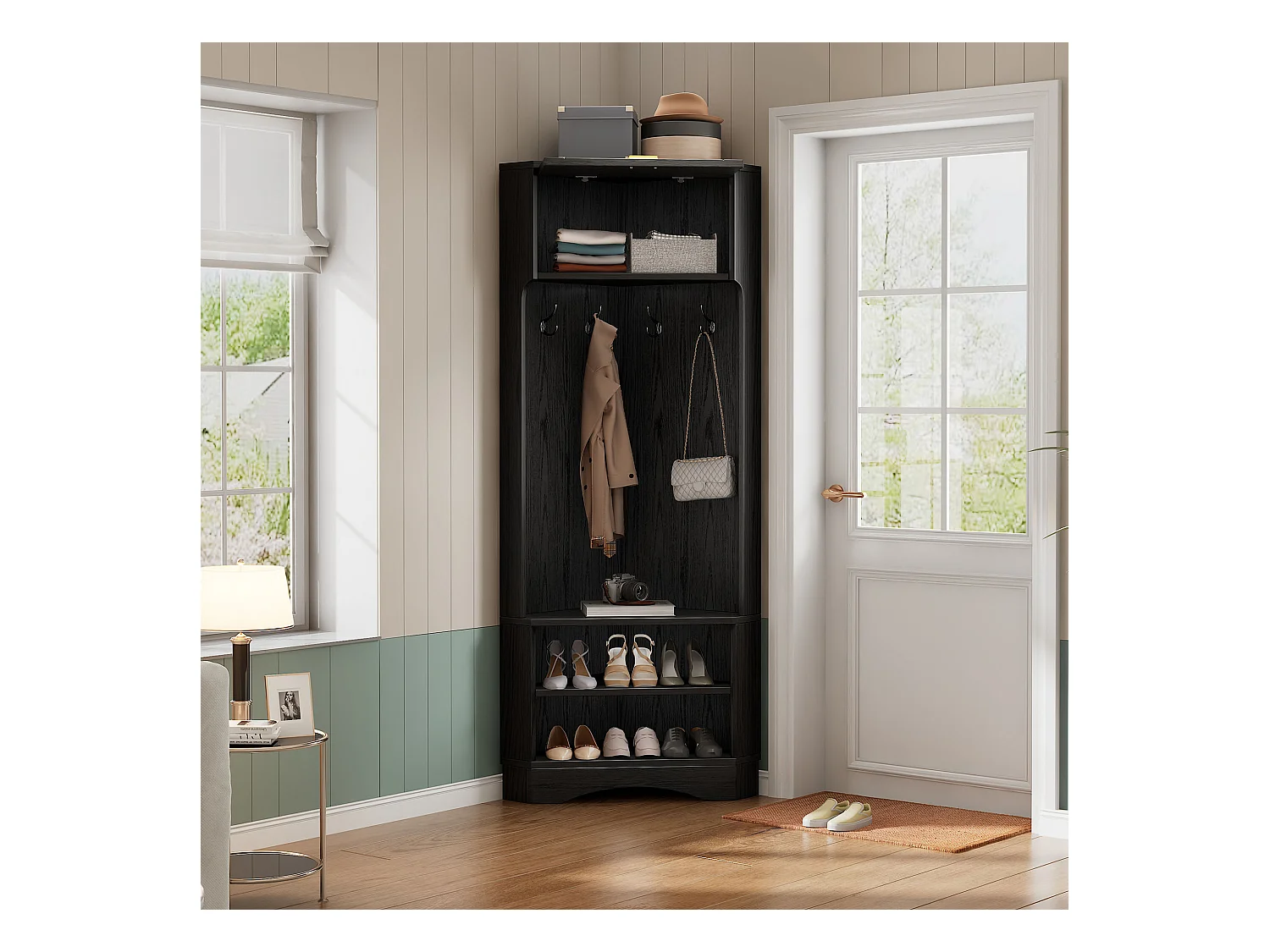 Ensemble porte-manteau Modern mit 4 Haken, Aufbewahrung & Schuhbank, Schwarz, Maße (H180 x B53 x T53 cm)