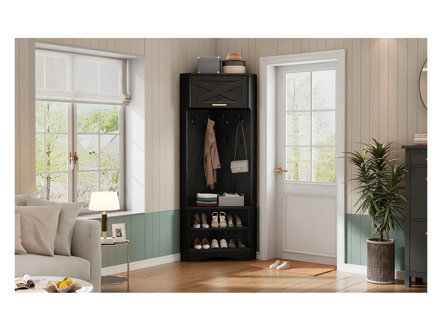 Ensemble porte-manteau Modern mit 4 Haken, Aufbewahrung & Schuhbank, Schwarz, Maße (H180 x B53 x T53 cm)