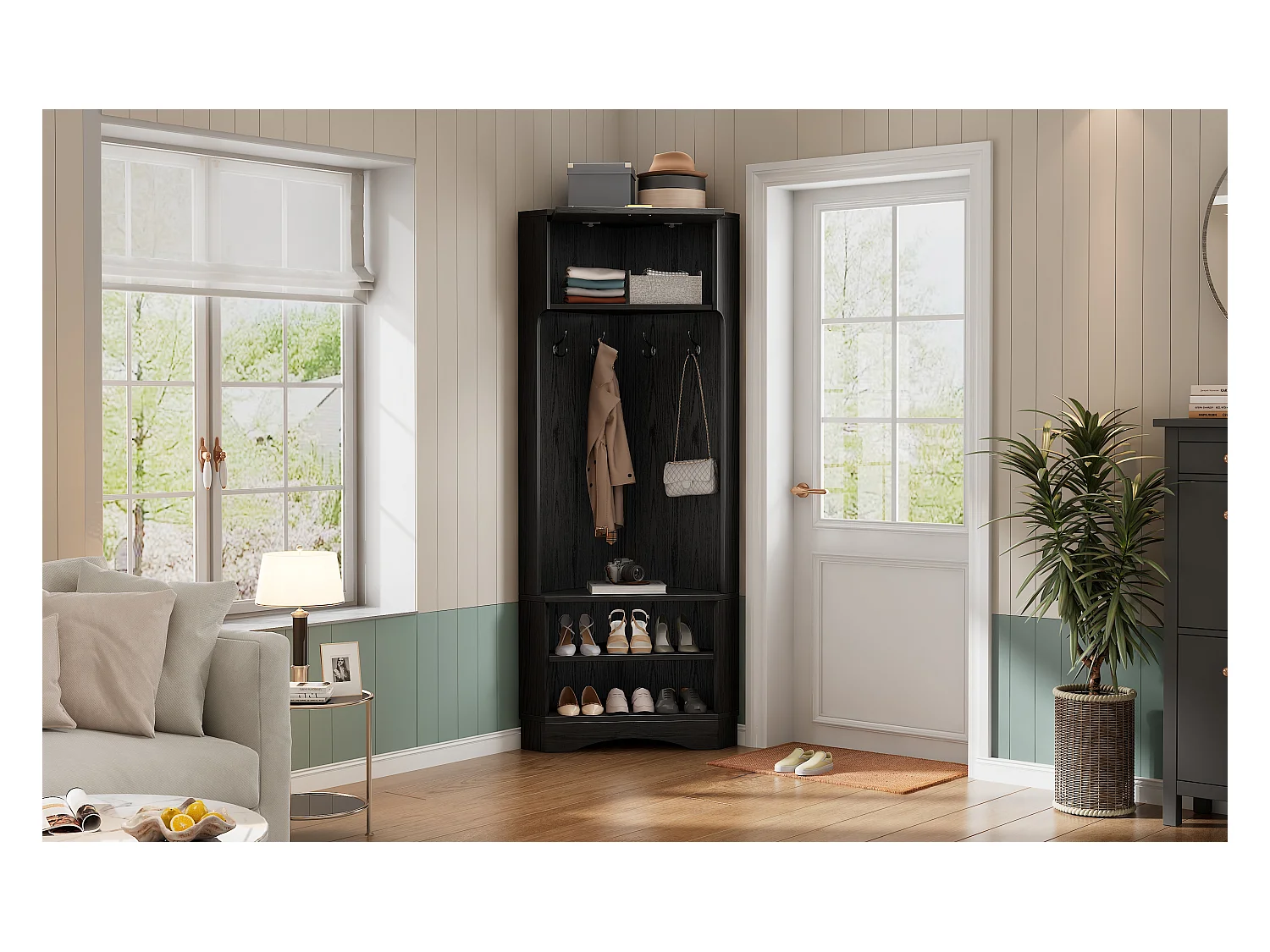 Ensemble porte-manteau Modern mit 4 Haken, Aufbewahrung & Schuhbank, Schwarz, Maße (H180 x B53 x T53 cm)