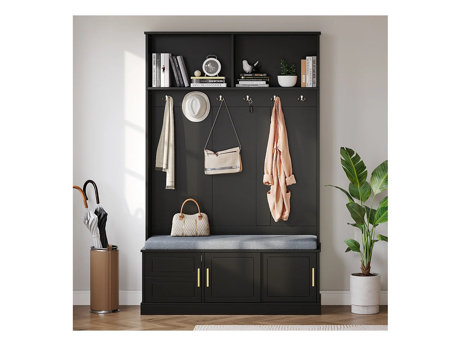 Porte-manteau avec banc à chaussures, 6 crochets triples, freestanding, design moderne, bois aggloméré, noir (120x40x191 cm)