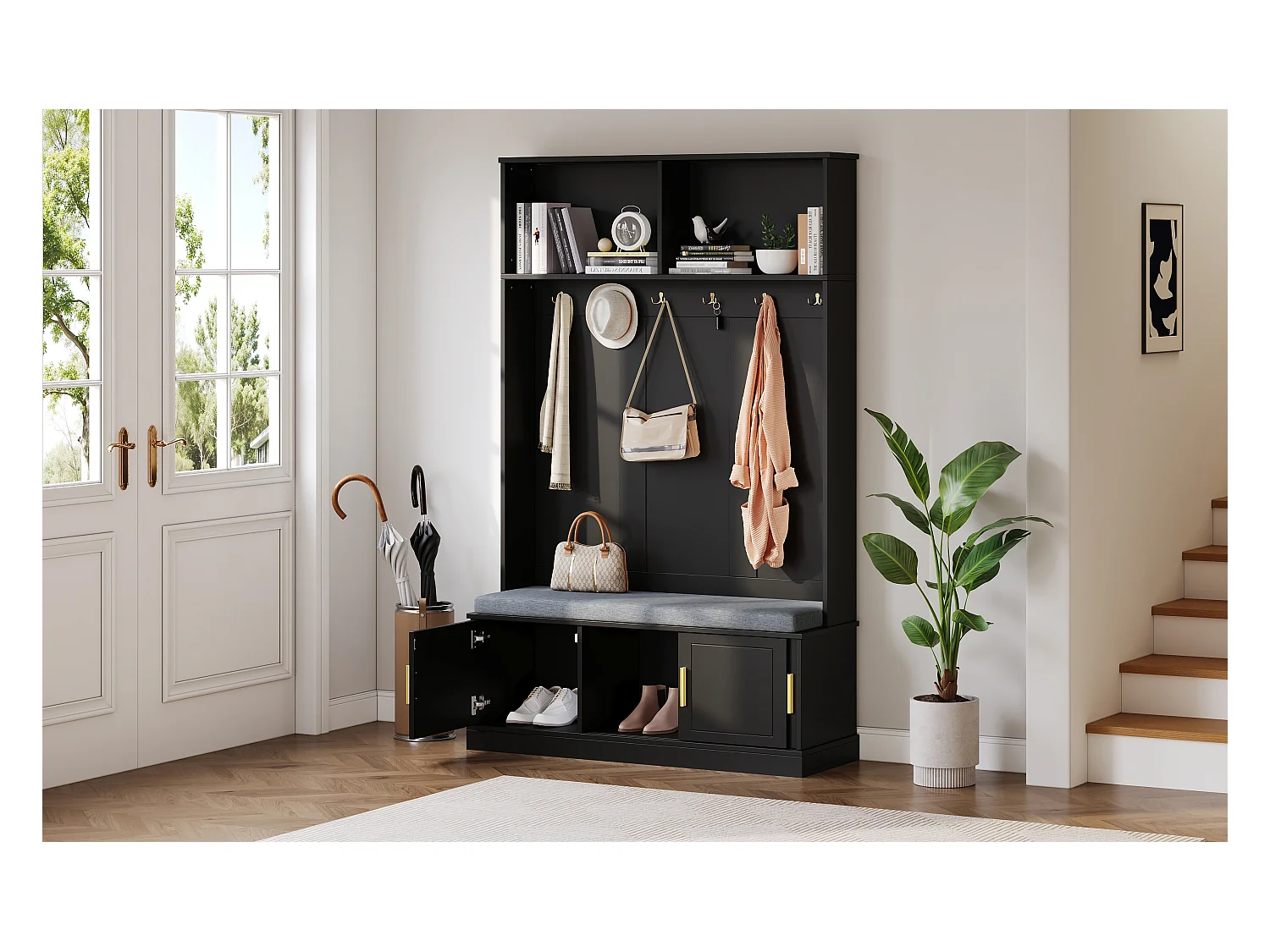 Porte-manteau avec banc à chaussures, 6 crochets triples, freestanding, design moderne, bois aggloméré, noir (120x40x191 cm)