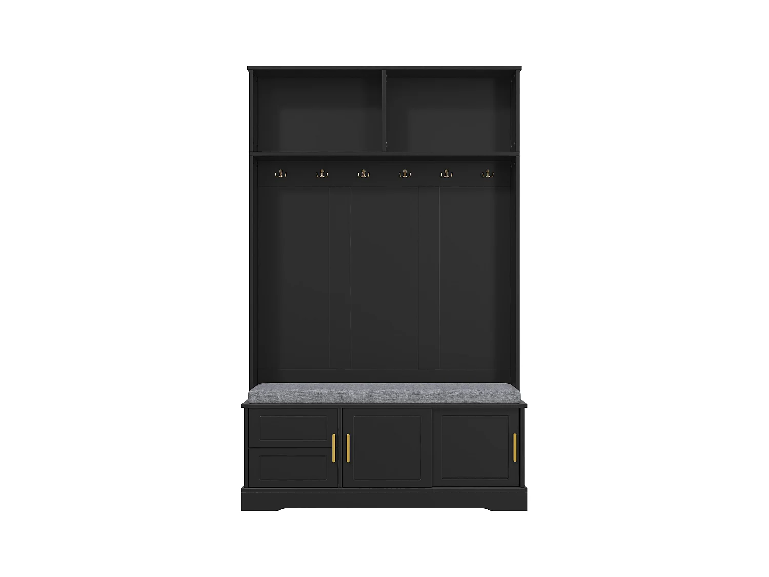 Porte-manteau avec banc à chaussures, 6 crochets triples, freestanding, design moderne, bois aggloméré, noir (120x40x191 cm)