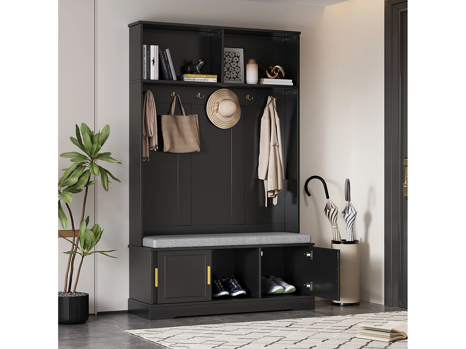 Porte-manteau avec banc à chaussures, 6 crochets triples, freestanding, design moderne, bois aggloméré, noir (120x40x191 cm)