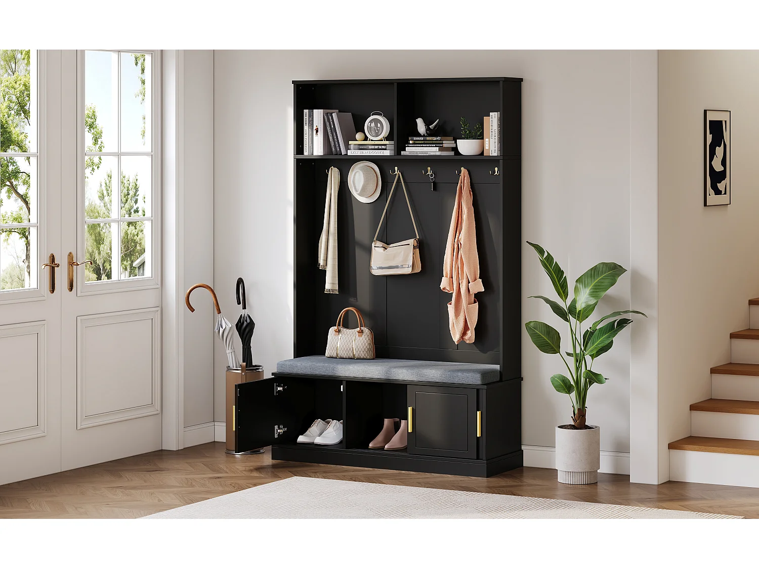 Porte-manteau avec banc à chaussures, 6 crochets triples, freestanding, design moderne, bois aggloméré, noir (120x40x191 cm)