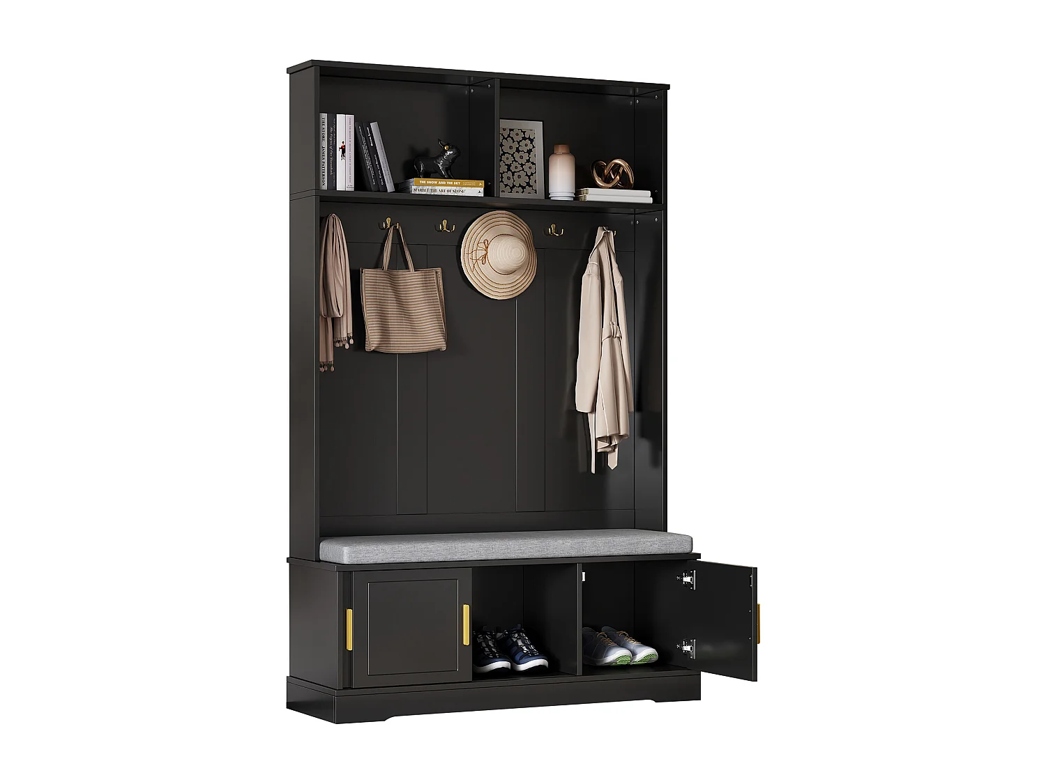 Porte-manteau avec banc à chaussures, 6 crochets triples, freestanding, design moderne, bois aggloméré, noir (120x40x191 cm)