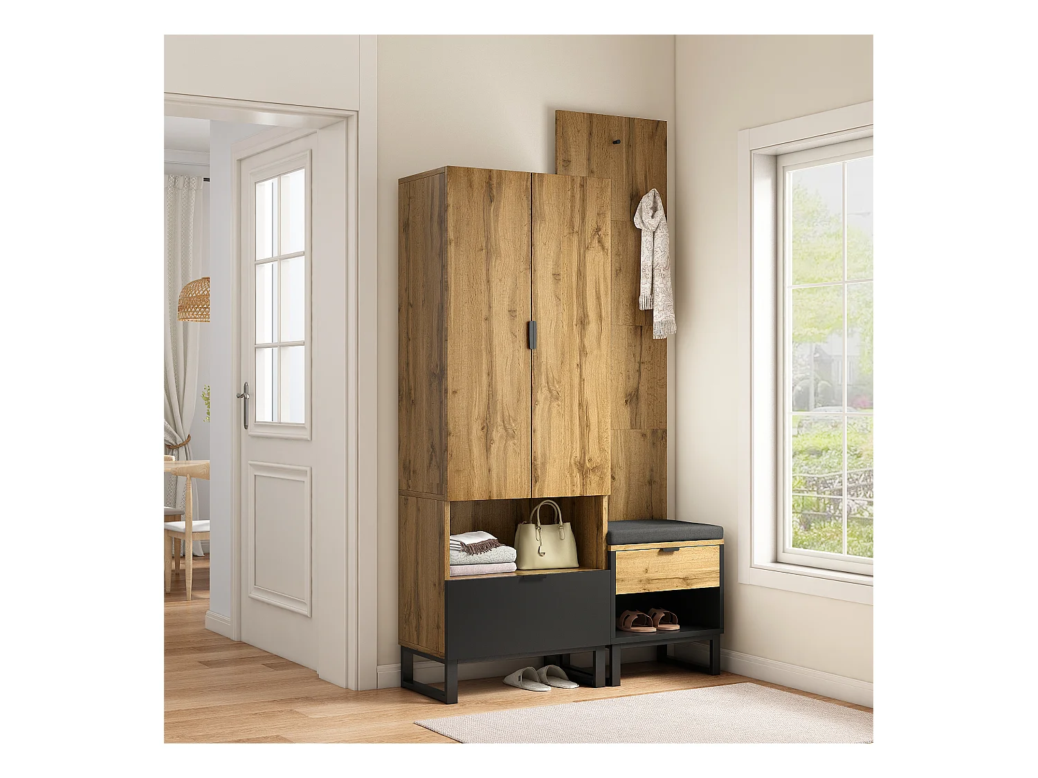 Garderobe d'entrée avec banc à chaussures, étagères réglables et tiroirs, MDF, naturel (180x65x38 cm)