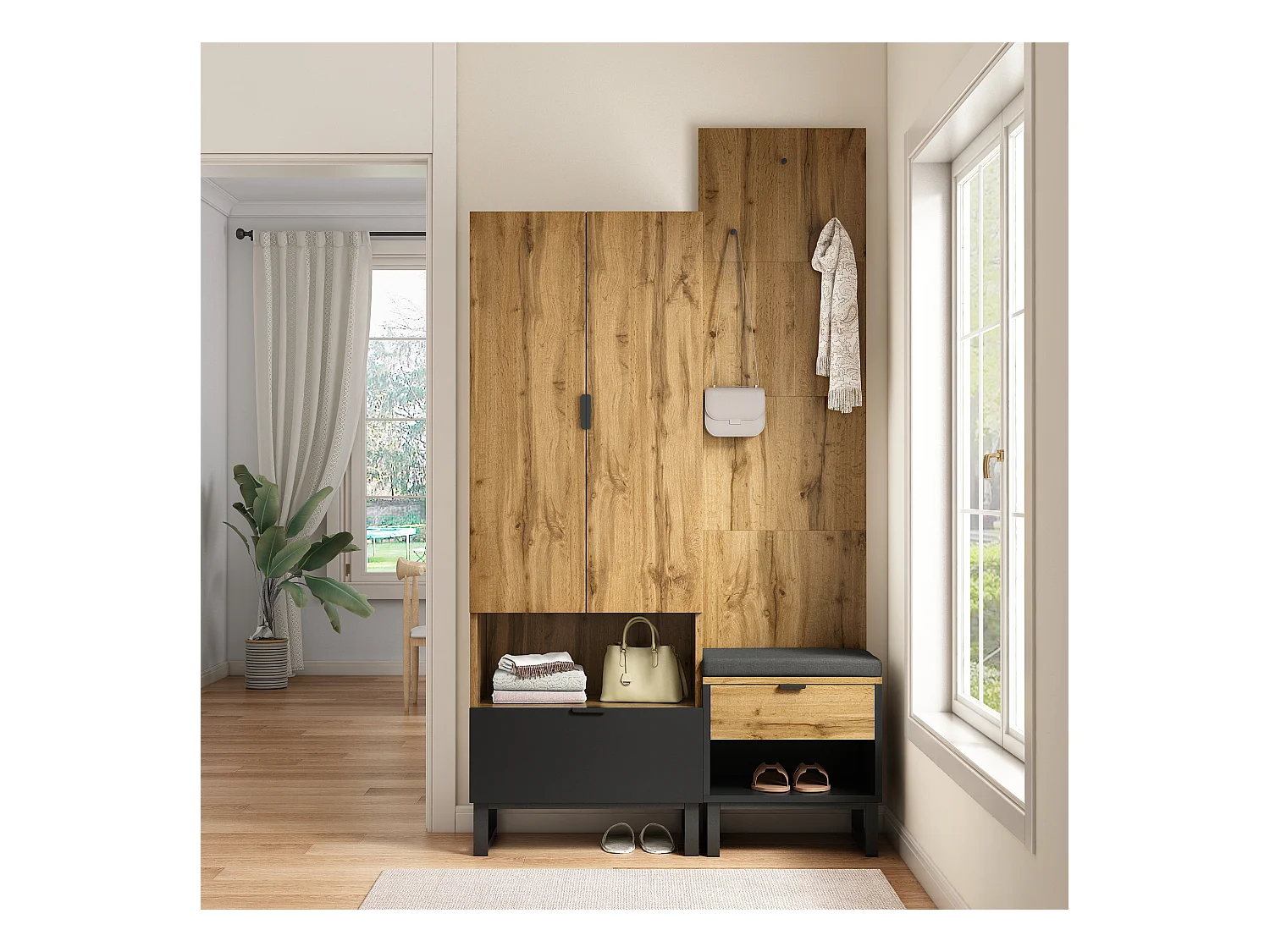 Garderobe d'entrée avec banc à chaussures, étagères réglables et tiroirs, MDF, naturel (180x65x38 cm)