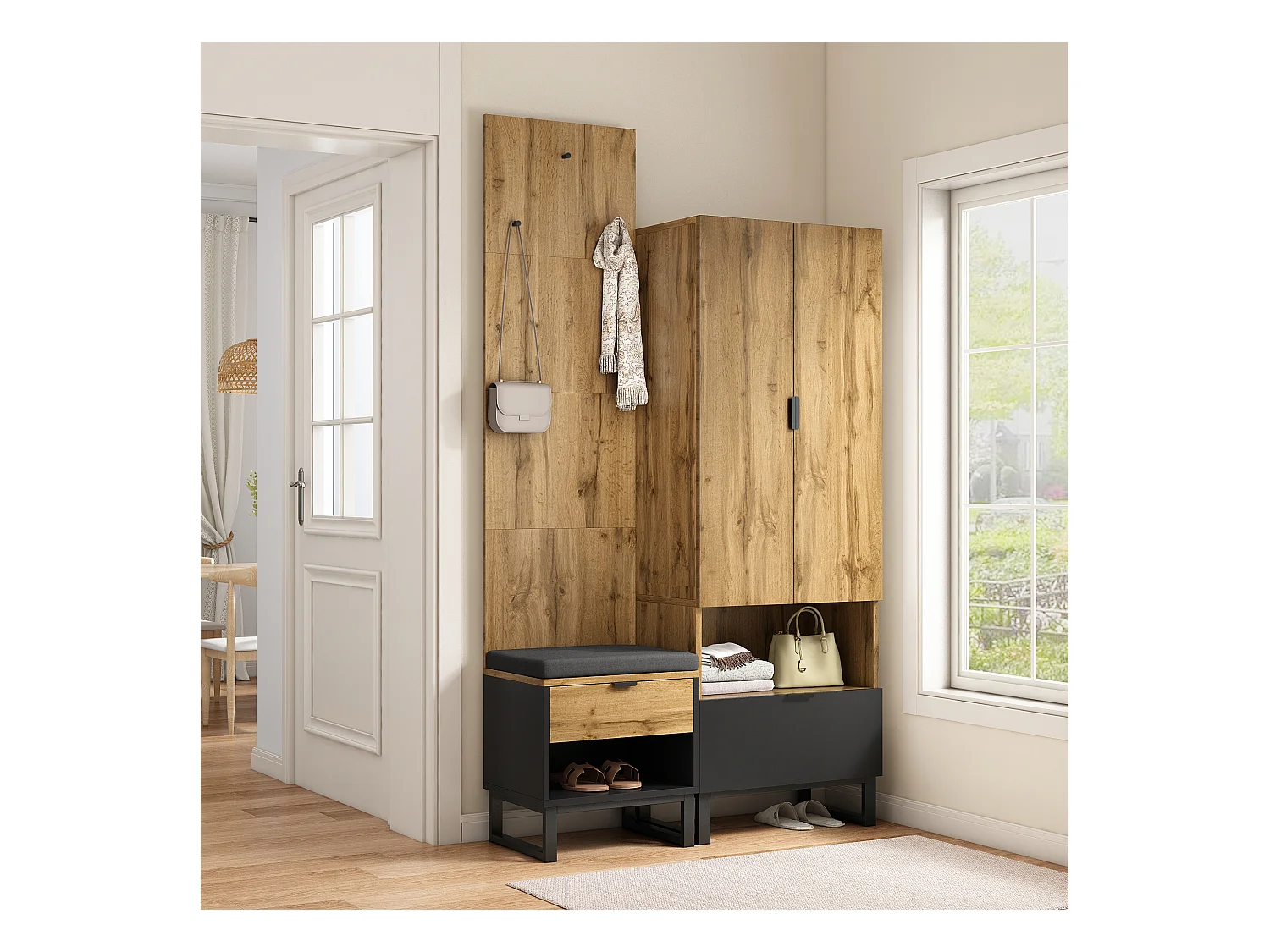 Garderobe d'entrée avec banc à chaussures, étagères réglables et tiroirs, MDF, naturel (180x65x38 cm)