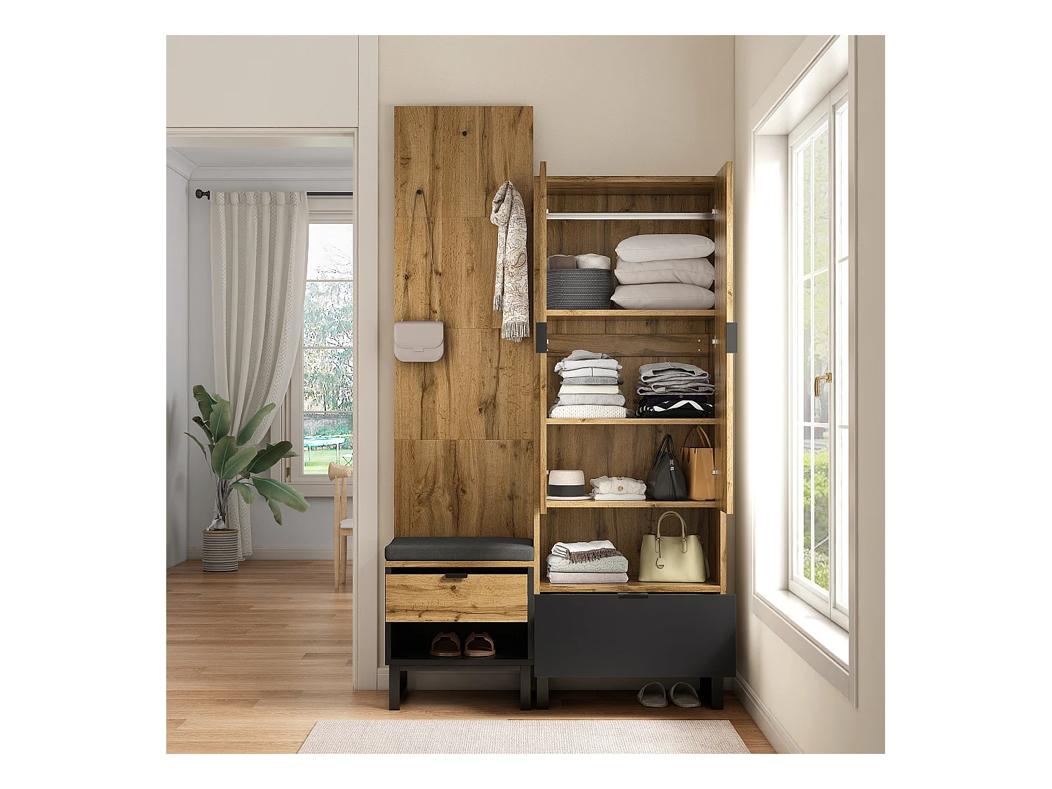 Garderobe d'entrée avec banc à chaussures, étagères réglables et tiroirs, MDF, naturel (180x65x38 cm)