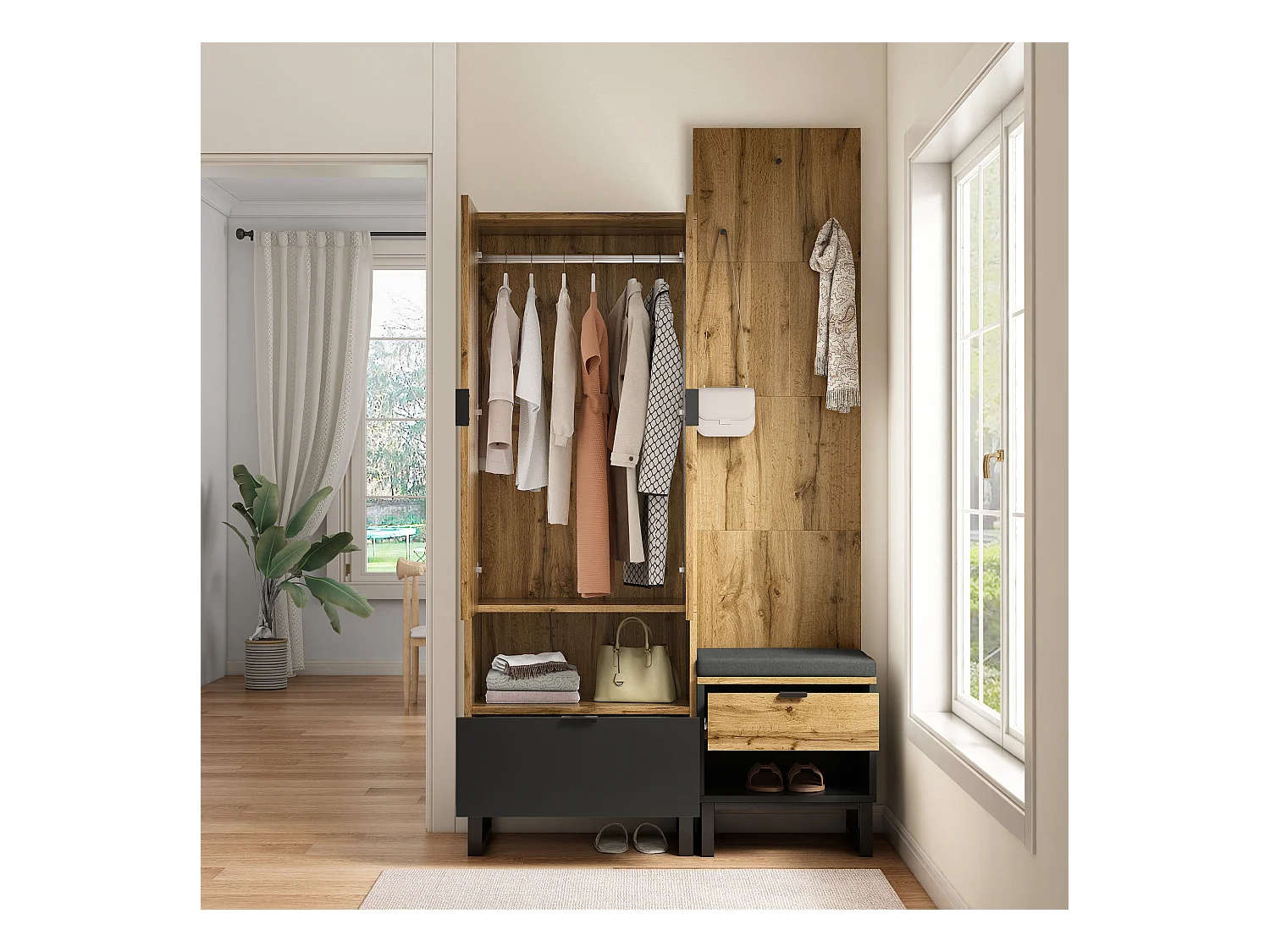 Garderobe d'entrée avec banc à chaussures, étagères réglables et tiroirs, MDF, naturel (180x65x38 cm)