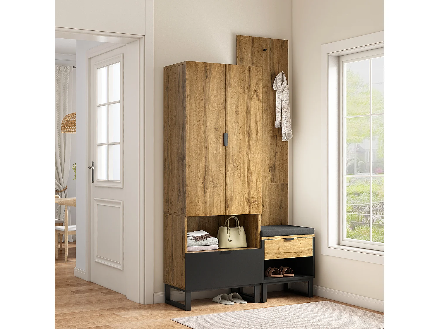 Garderobe d'entrée avec banc à chaussures, étagères réglables et tiroirs, MDF, naturel (180x65x38 cm)