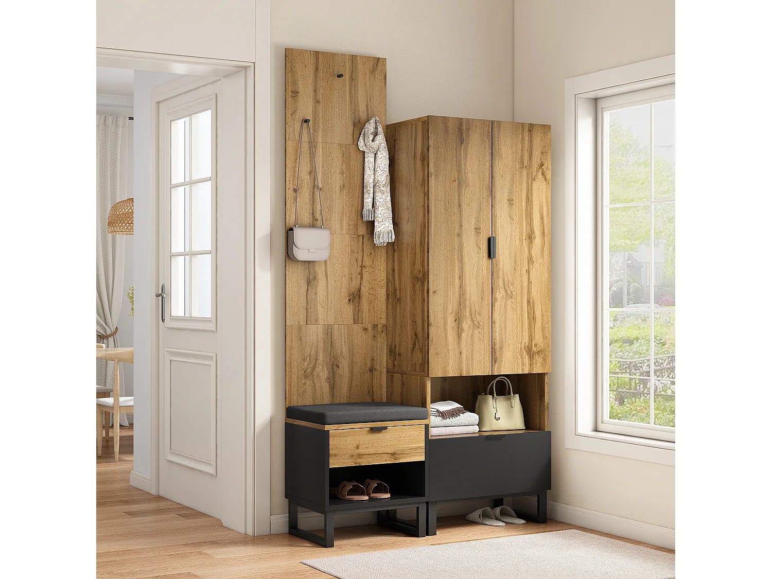 Garderobe d'entrée avec banc à chaussures, étagères réglables et tiroirs, MDF, naturel (180x65x38 cm)