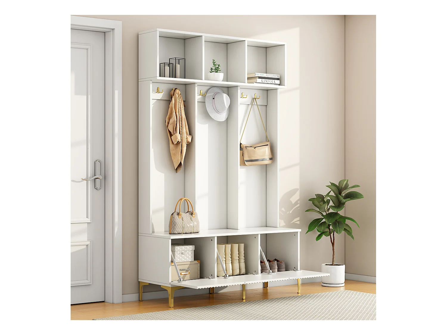 Kledingkastset met bank, multifunctionele opbergruimte, 6 gouden haken en metalen poten, wit, (Afmetingen: 120 x 40 x 191,5 cm)