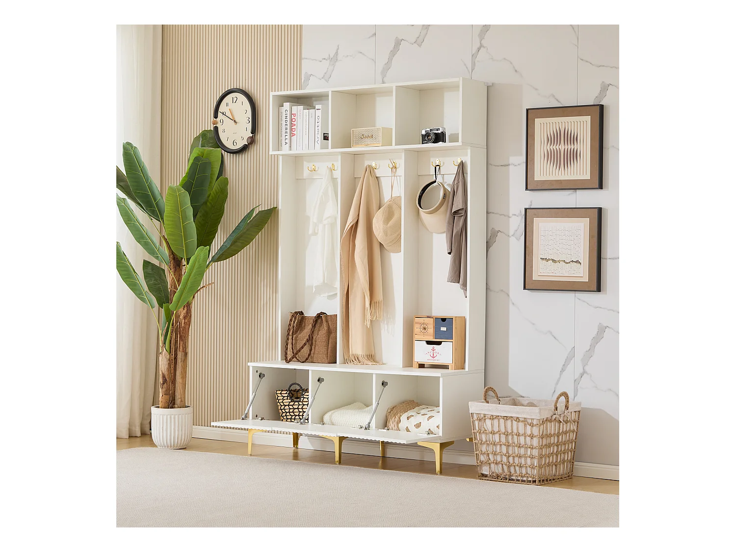 Kledingkastset met bank, multifunctionele opbergruimte, 6 gouden haken en metalen poten, wit, (Afmetingen: 120 x 40 x 191,5 cm)
