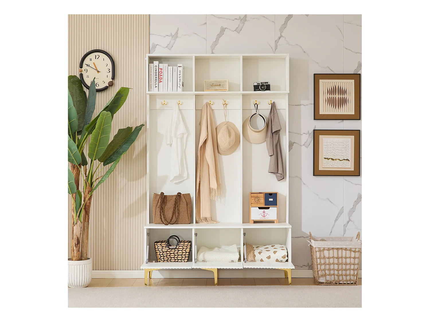 Kledingkastset met bank, multifunctionele opbergruimte, 6 gouden haken en metalen poten, wit, (Afmetingen: 120 x 40 x 191,5 cm)