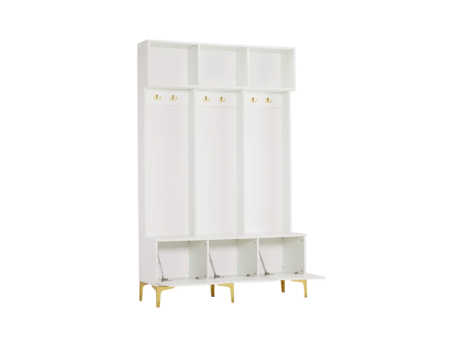 Kledingkastset met bank, multifunctionele opbergruimte, 6 gouden haken en metalen poten, wit, (Afmetingen: 120 x 40 x 191,5 cm)