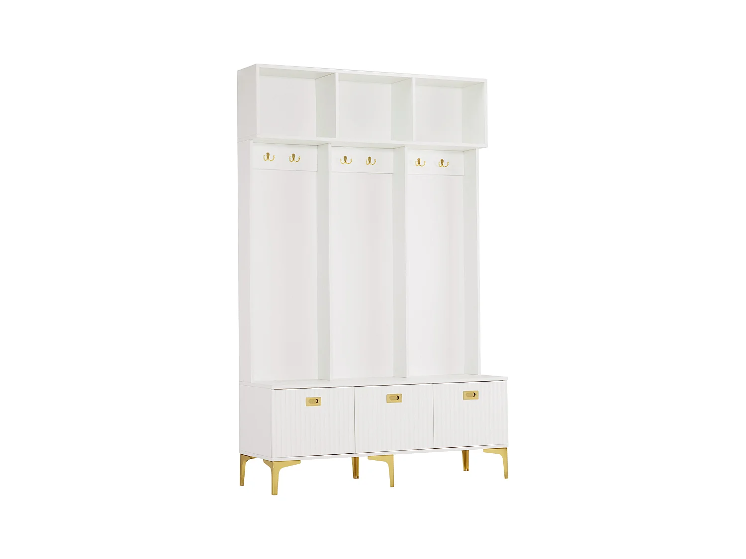 Kledingkastset met bank, multifunctionele opbergruimte, 6 gouden haken en metalen poten, wit, (Afmetingen: 120 x 40 x 191,5 cm)