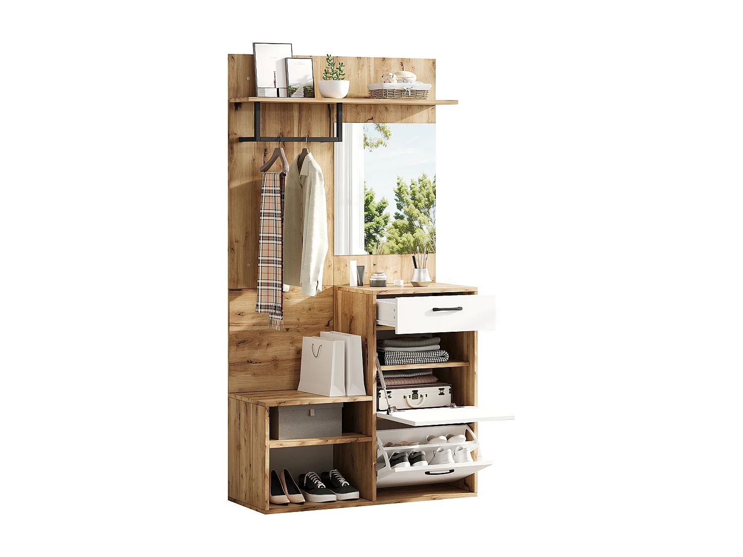 Mobile ingresso multifunzionale con specchio, pannello truciolare, bianco e legno naturale (100x38,5x190cm)