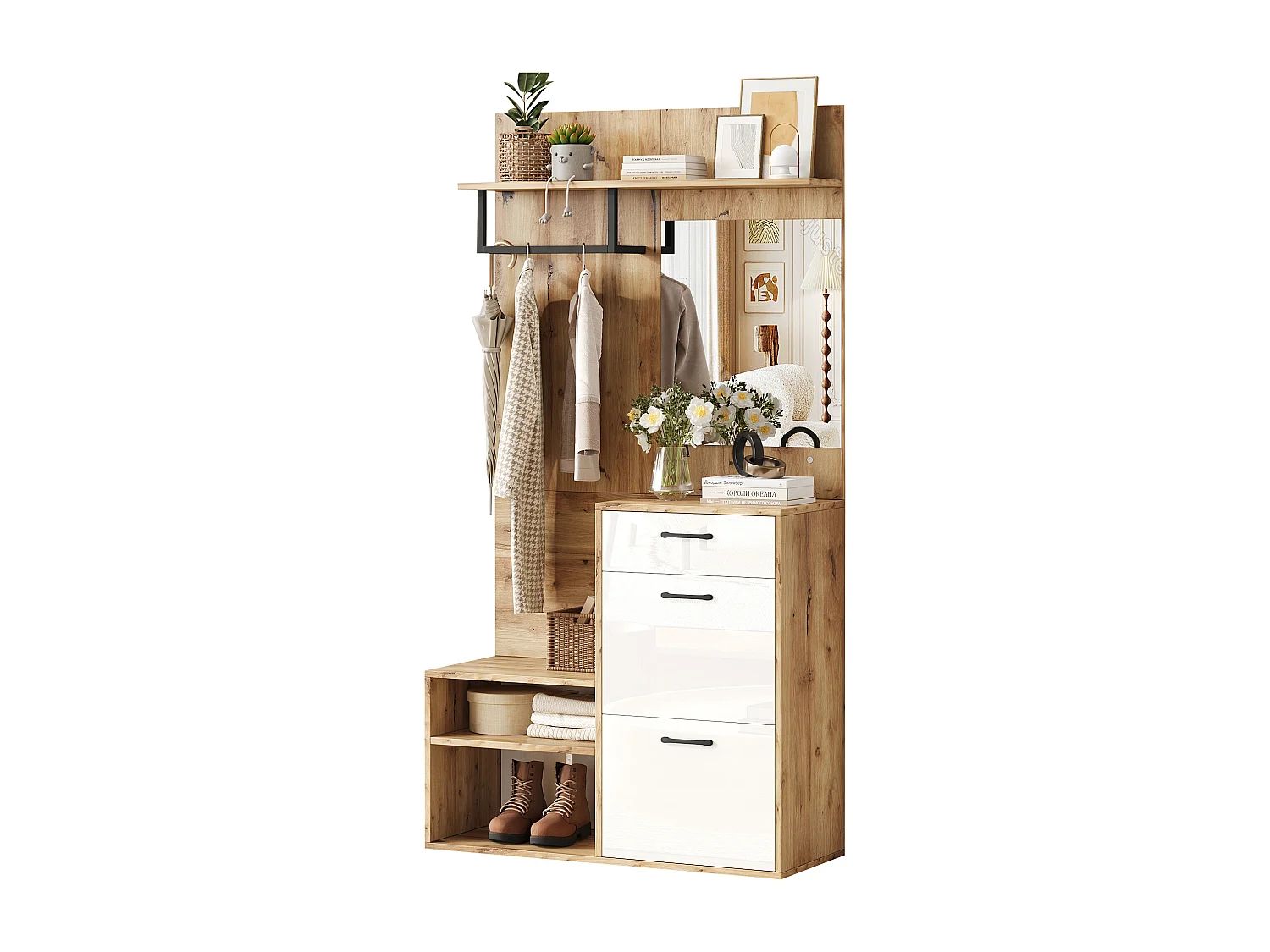 Mobile ingresso multifunzionale con specchio, pannello truciolare, bianco e legno naturale (100x38,5x190cm)