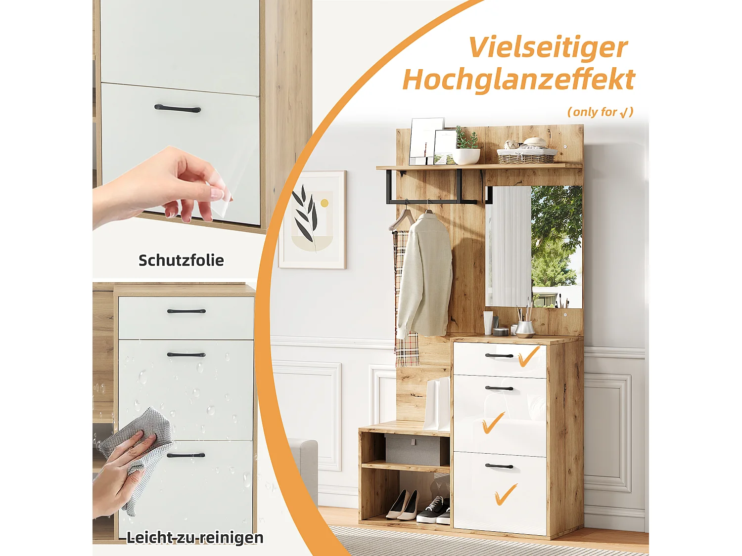 Mobile ingresso multifunzionale con specchio, pannello truciolare, bianco e legno naturale (100x38,5x190cm)