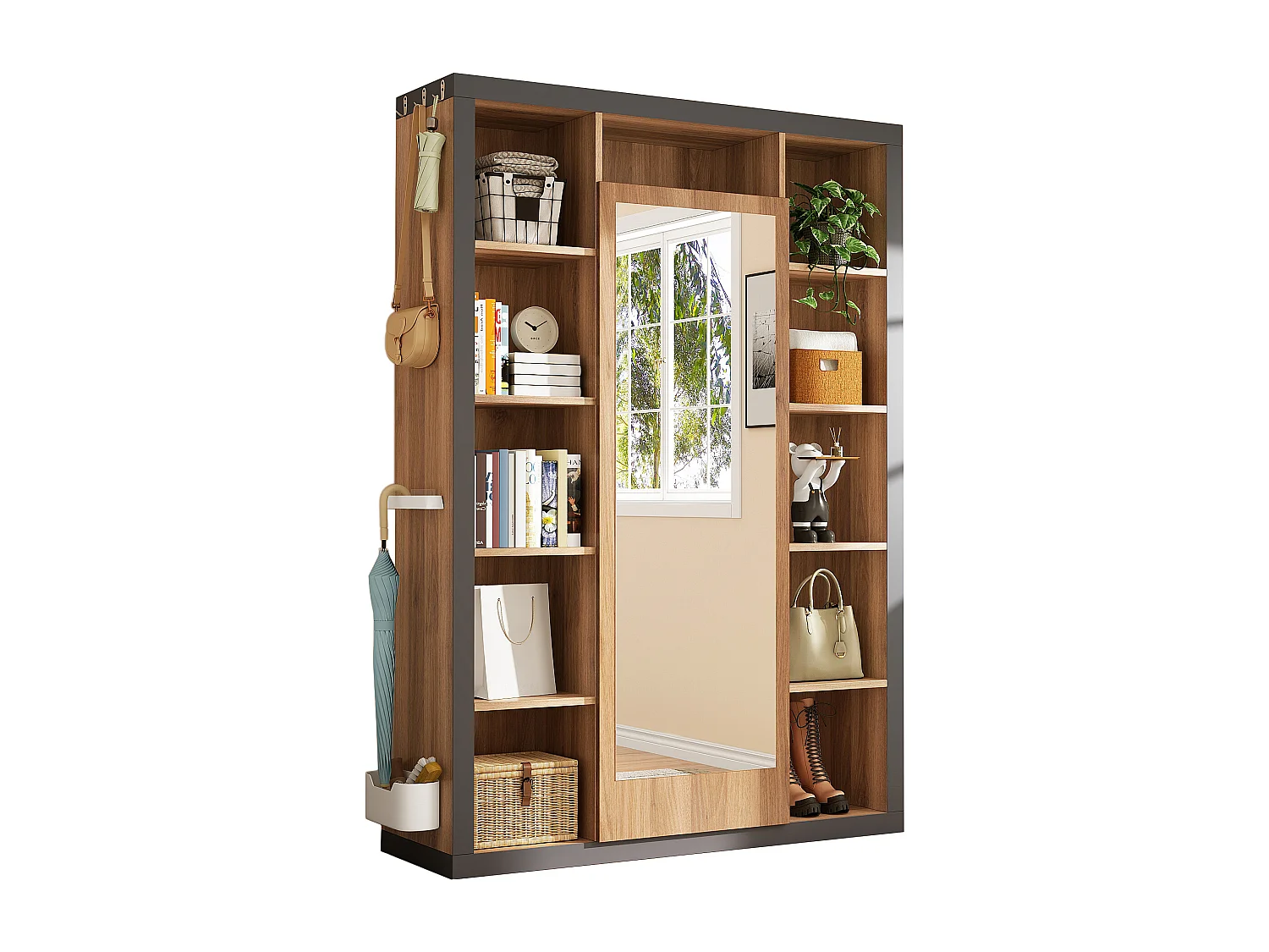 Meuble multifonction avec miroir, bibliothèque, porte-parapluie et porte-manteau, design moderne, gris et bois (115x30x165 cm)