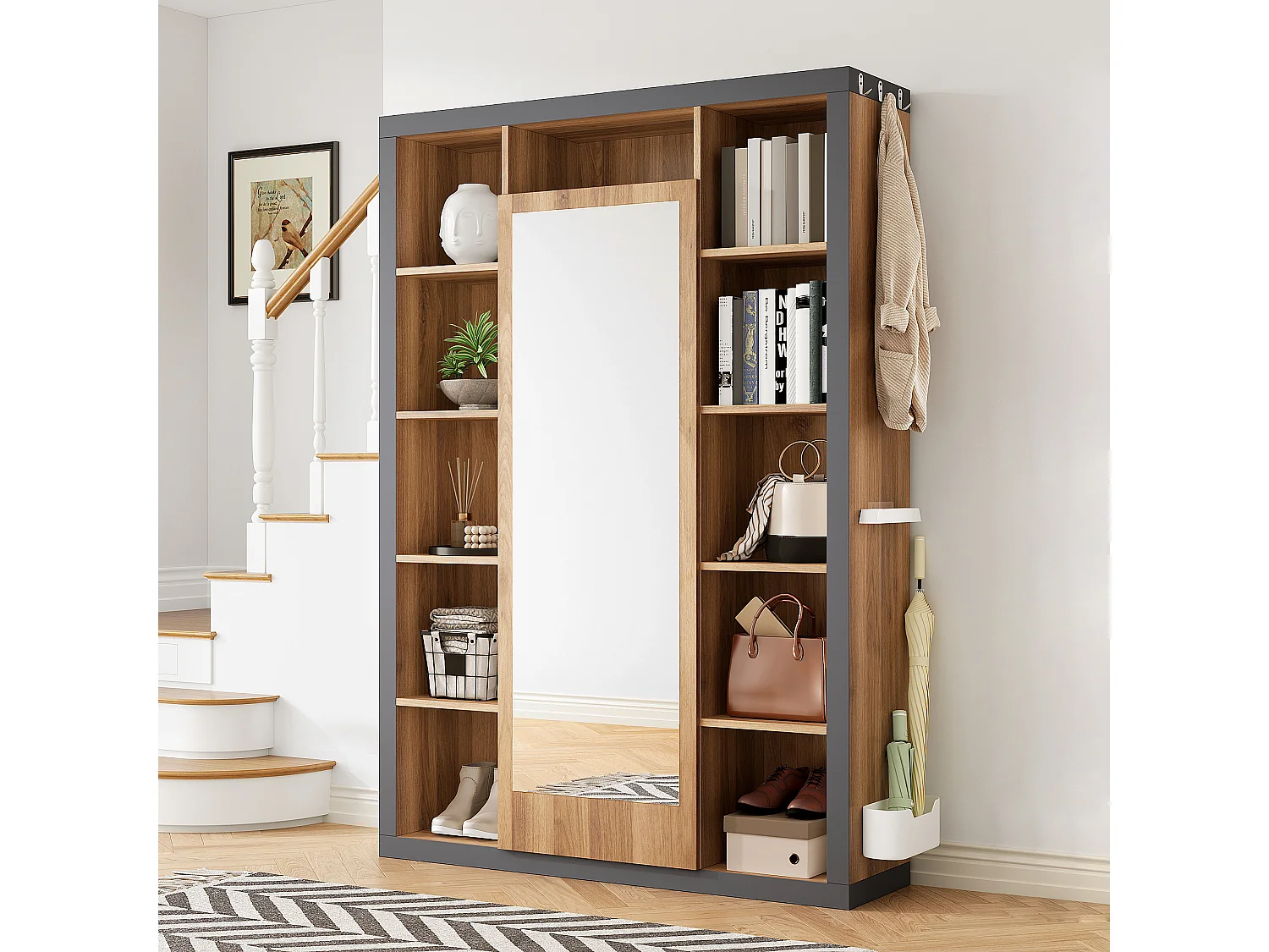 Meuble multifonction avec miroir, bibliothèque, porte-parapluie et porte-manteau, design moderne, gris et bois (115x30x165 cm)