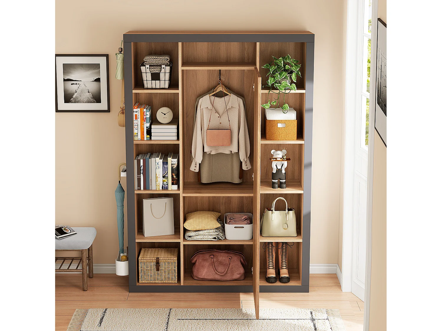 Meuble multifonction avec miroir, bibliothèque, porte-parapluie et porte-manteau, design moderne, gris et bois (115x30x165 cm)