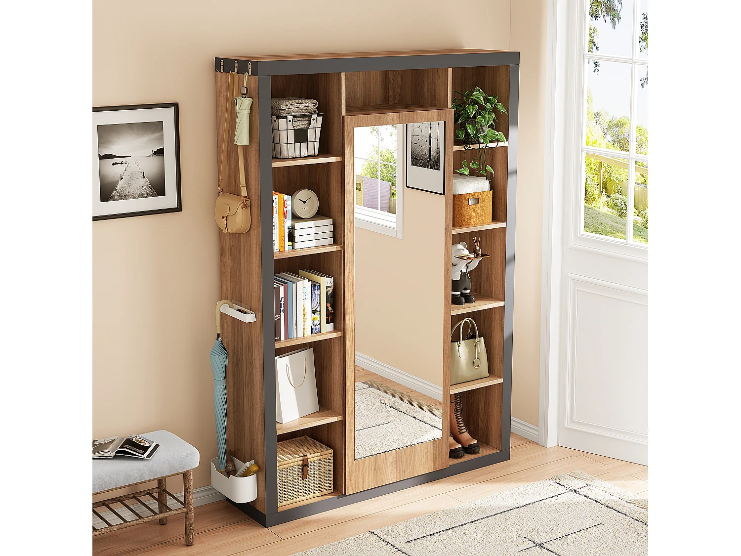Meuble multifonction avec miroir, bibliothèque, porte-parapluie et porte-manteau, design moderne, gris et bois (115x30x165 cm)