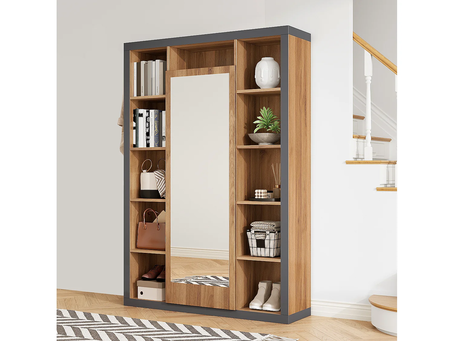 Meuble multifonction avec miroir, bibliothèque, porte-parapluie et porte-manteau, design moderne, gris et bois (115x30x165 cm)